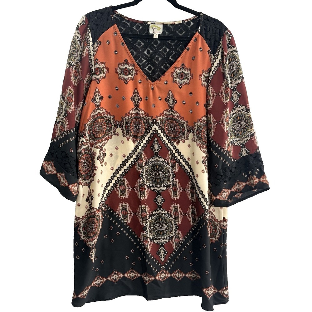 FIG & FLOWER Women Pullover Kimono Bell Sleeve Tunic Dress Top Sz L Multicolor